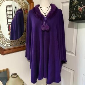 VTG Y2K Dark Purple Floral Embossed Fur Trim Open Tie Front Whimsy Cloak OS